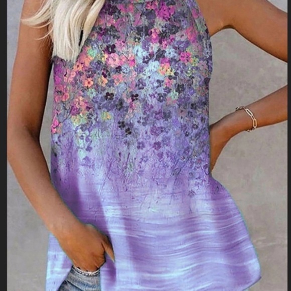 #19 Periwinkle Floral Halter Tank Top - Picture 3 of 4